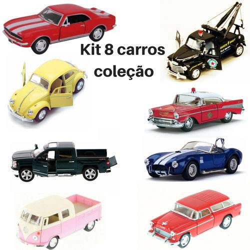 Tamanhos, Medidas e Dimensões do produto Kit 8 Miniaturas Carro de Coleção Miniatura de Ferro Clássicos Antigo Vintage 1/46 Kinsmart