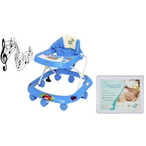 Tamanhos, Medidas e Dimensões do produto Kit Andador Antiderrapante Azul Musical e Travesseiro Anti Refluxo Pequeno - Apis Baby
