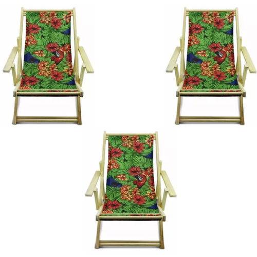 Tamanhos, Medidas e Dimensões do produto Kit 3 Cadeira Espreguiçadeira Preguiçosa Dobrável Natural - Estampa Flores Arara