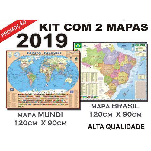 Tamanhos, Medidas e Dimensões do produto Kit com 2 Mapas - Mundi + Brasil Escolar 120 Cm X 90 Cm Edição 2019