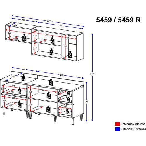 Tamanhos, Medidas e Dimensões do produto Kit Cozinha 5459 Calábria S/ Tampo - Multimóveis - Nogueira