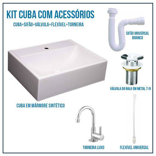 Tamanhos, Medidas e Dimensões do produto Kit Cuba Pia para Banheiro Retangular Jacuzzi 47 Cm + Válvula 7/8 + Torneira 1/4 + Sifão + Flexível