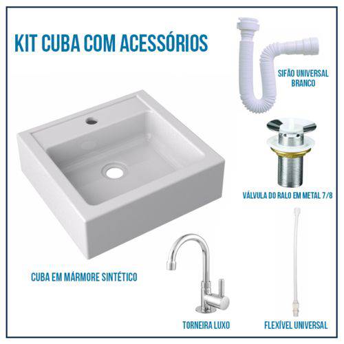 Tamanhos, Medidas e Dimensões do produto Kit Cuba Pia para Banheiro Retangular Modelo Jully + Válvula 7/8 + Torneira 1/4 + Sifão + Flexível