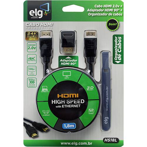 Tamanhos, Medidas e Dimensões do produto Kit HDMI - Cabo HDMI High Speed 1,8m + Adaptador HDMI 90° + Organizador de Cabos Tipo Velcro - Hs18l - ELG