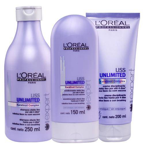Tamanhos, Medidas e Dimensões do produto Kit Loréal Professionnel Liss Unlimited Shampoo 250ml +Condicionador 150ml +Creme de Pentear 200ml