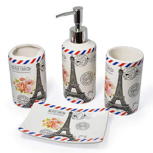Tamanhos, Medidas e Dimensões do produto Kit para Banheiro 4 Peças Porta Sabonete Líquido Tema Paris França Postal