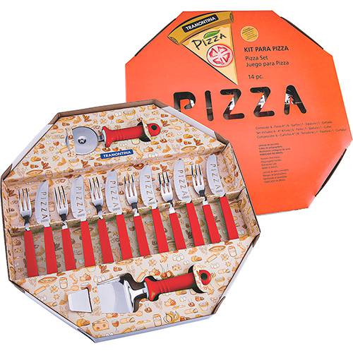 Tamanhos, Medidas e Dimensões do produto Kit para Pizza 14 Pcs Pizza - Laminas de Aco Inox e Cabos de Polipropileno Vermelho