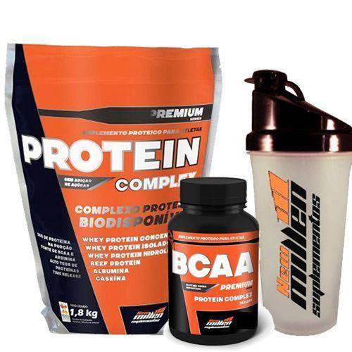 Tamanhos, Medidas e Dimensões do produto Kit Protein Complex 1800g Morango + Bcaa 120 Tabs + Coqueteleira 750ml - New Millen