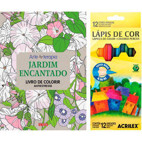 Tamanhos, Medidas e Dimensões do produto Livro para Colorir Adulto Jardim Encantado + Lápis de Cor Acrilex Hexagonal 12 Cores