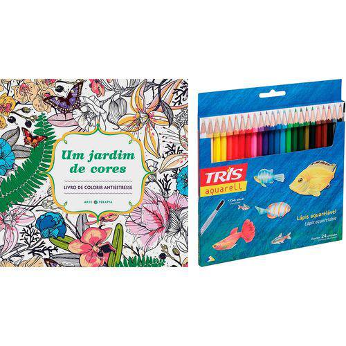 Tamanhos, Medidas e Dimensões do produto Livro para Colorir Adulto um Jardim de Cores + Lápis de Cor Tris Aquarell + Pincel 24 Cores