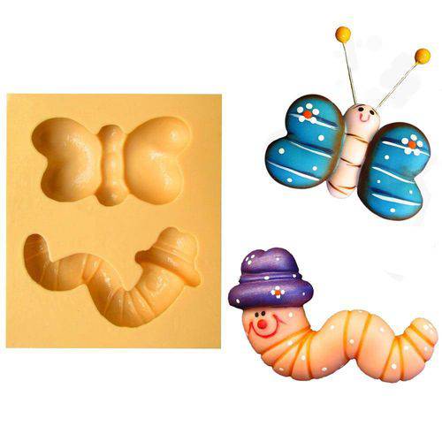 Tamanhos, Medidas e Dimensões do produto Molde de Silicone para Biscuit Casa da Arte - Modelo: Borboleta e Minhoca 1266