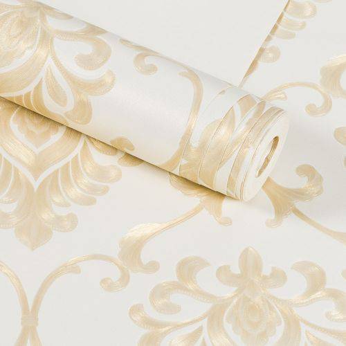 Tamanhos, Medidas e Dimensões do produto Papel de Parede Importado Dekor Lavável Vinílico Texturizado Floral Bege com Dourado - Rolo 53cm X 10m