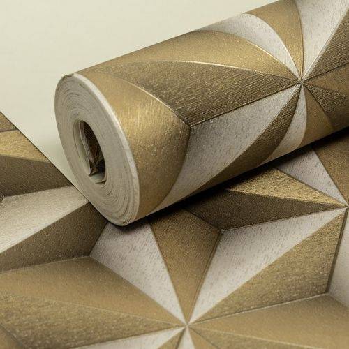 Tamanhos, Medidas e Dimensões do produto Papel de Parede Importado Vinílico Lavável Geométrico 3D Dourado e Prata Abstrato Sala