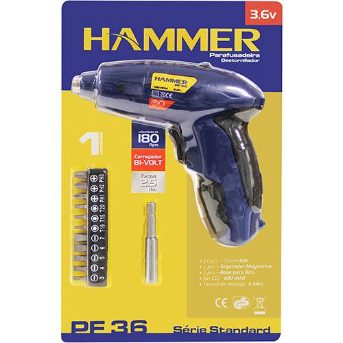 Tamanhos, Medidas e Dimensões do produto Parafusadeira Hammer Sem Fio com Bits 3,6v - Blister