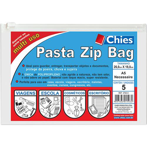 Tamanhos, Medidas e Dimensões do produto Pasta Zip Bag A5 36x18cm - Chies