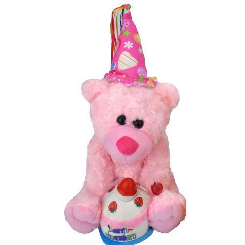 Tamanhos, Medidas e Dimensões do produto Pelúcia Max Fun Aniversário - Urso Rosa com Som e Movimento 25 Cm - Maxtone