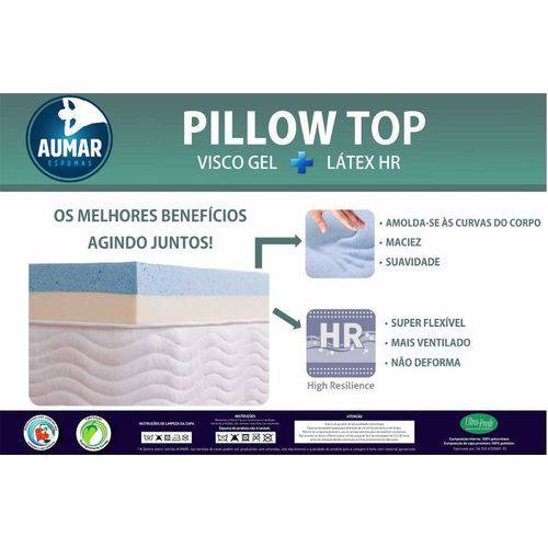 Tamanhos, Medidas e Dimensões do produto Pillow Top Viscoelástico Nasa Gel + Látex Hr Foam Casal 1,38 X 1,88 X 0,08 M - Aumar