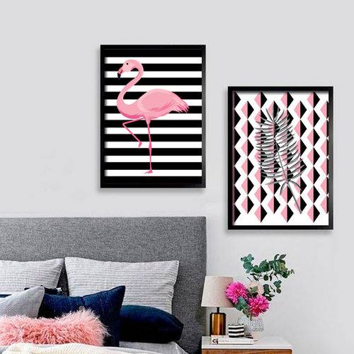 Tamanhos, Medidas e Dimensões do produto Quadro Decorativo 60x90 com Moldura Flamingo Folha Geométrico Rosa Decoração - Decorativa