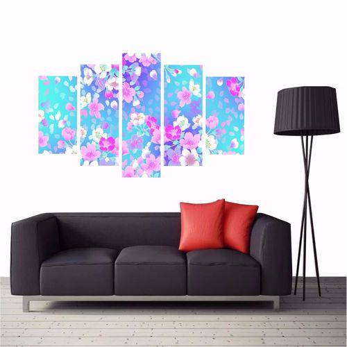 Tamanhos, Medidas e Dimensões do produto Quadro Decorativo Flores Lilas Fundo Azul 5 Telas Canvas