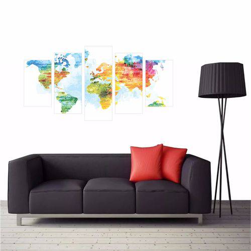 Tamanhos, Medidas e Dimensões do produto Quadro Decorativo Mapa Mundi Moderno para Casa 5p 1,14x65