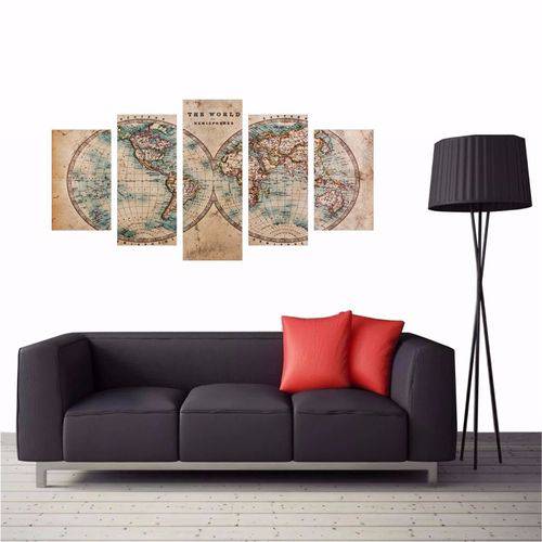 Tamanhos, Medidas e Dimensões do produto Quadro Mapa Mundi Retro Antigo Marron 5 Peças 114x65cm