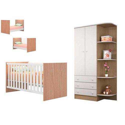 Tamanhos, Medidas e Dimensões do produto Quarto Infantil Berço Mini Cama Americano e Quarda Roupa com Cantoneira - Branco / Carvalho