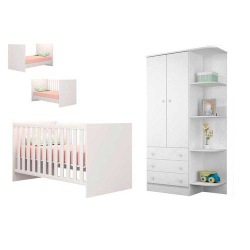 Tamanhos, Medidas e Dimensões do produto Quarto Infantil Berço Mini Cama Americano e Quarda Roupa 2 Portas 3 Gavetas com Cantoneira - Branco