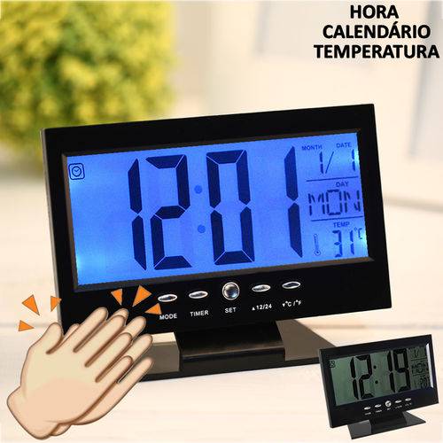 Tamanhos, Medidas e Dimensões do produto Relógio de Mesa Digital LCD Led Acionamento Sonoro Despertador Termometro PRETO CBRN01422