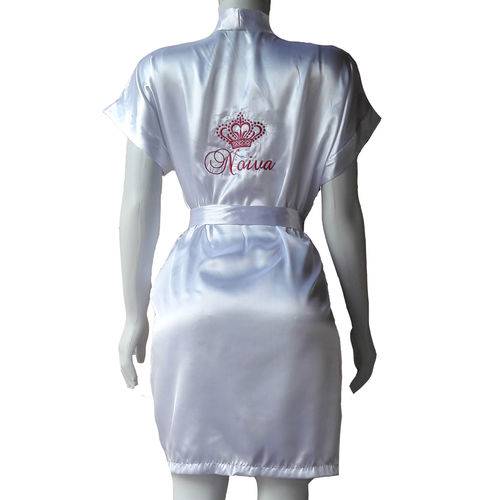 Tamanhos, Medidas e Dimensões do produto Robe Cetim Feminino Branco Bordado Noiva com Coroa Cor Rosa Pink