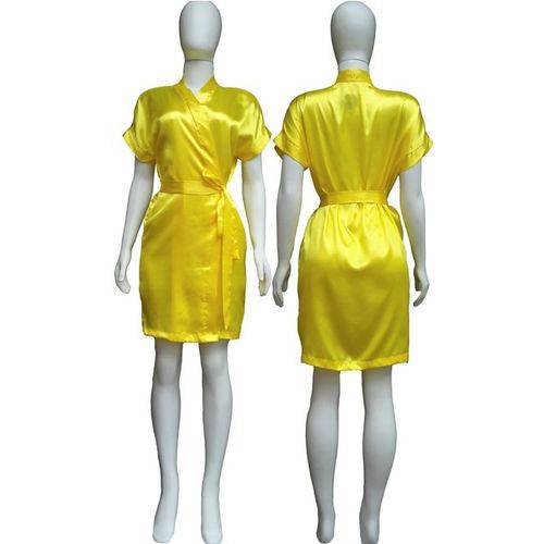 Tamanhos, Medidas e Dimensões do produto Robe Cetim Feminino Noiva Madrinha Dormir Roupão Adulto Amarelo Ref 401