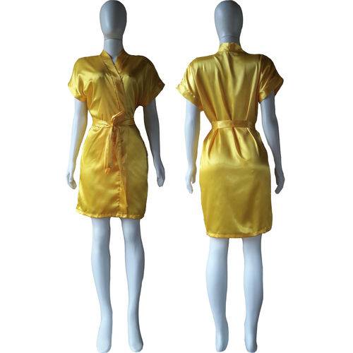 Tamanhos, Medidas e Dimensões do produto Robe de Cetim Roupão Feminino Noiva Madrinha Dormir Acetinado Amarelo Dourado Ref 401