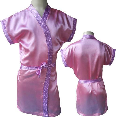 Tamanhos, Medidas e Dimensões do produto Robe Infantil de Cetim Feminino Roupão Noiva Kimono Cor Chiclete Faixa Rosa Bolinha Branca Ref 404