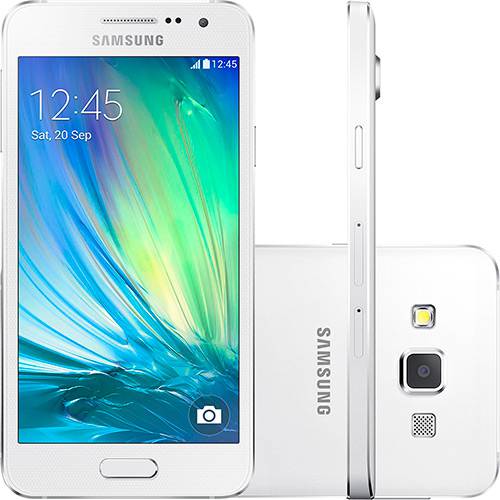 Tamanhos, Medidas e Dimensões do produto Smartphone Samsung Galaxy A3 Duos Dual Chip Desbloqueado Vivo Android 4.4 Tela 4.5'' 16GB Wi-Fi 4G Câmera 8MP - Branco