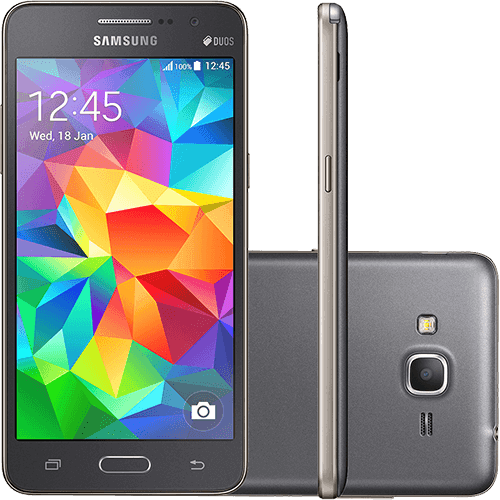 Tamanhos, Medidas e Dimensões do produto Smartphone Samsung Galaxy Gran Prime Duos Chip Desbloqueado Claro Android 4.4 Kit Kat Tela 5" 8GB 3G Câmera 8MP - Cinza