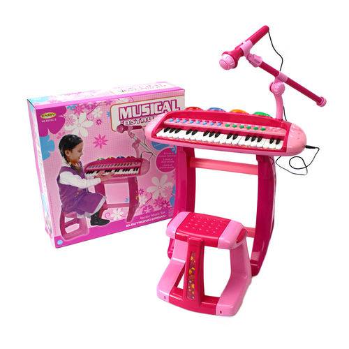Tamanhos, Medidas e Dimensões do produto Teclado Piano Infantil Rosa + Microfone + Banquinho Luz Som - Mc18062