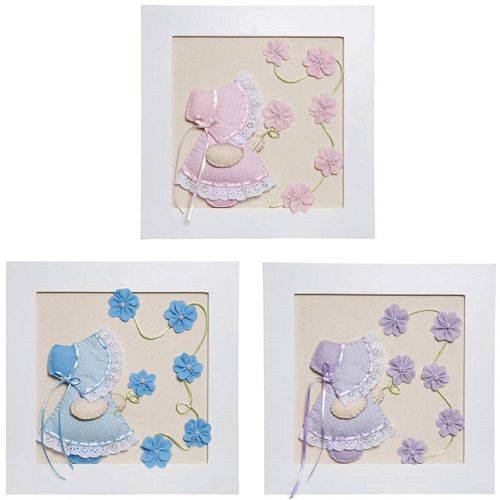 Tamanhos, Medidas e Dimensões do produto Trio de Quadros Camponesas com Flores Quarto Bebê Infantil Menina