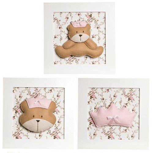 Tamanhos, Medidas e Dimensões do produto Trio de Quadros Ursa Princesa Quarto Bebê Infantil Menina