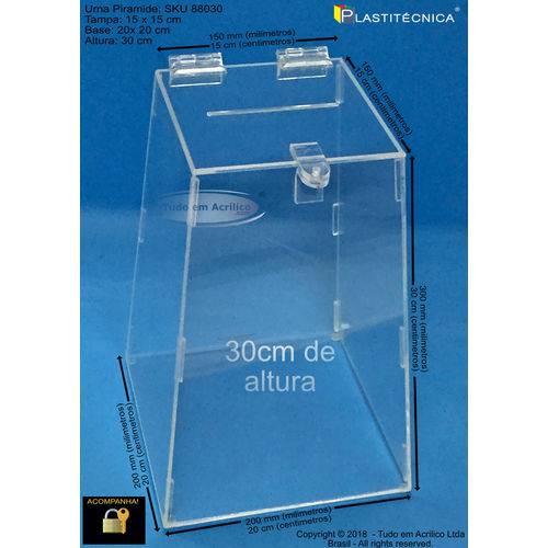 Tamanhos, Medidas e Dimensões do produto Urna Pirâmide Transparente com 30cm - Acrilico Cristal 3mm - com Cadeado